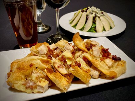 Chicken bacon ranch flatbread and pear salad